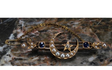 An Edwardian diamond, sapphire, seed pearl and yellow gold c...