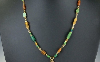 Ancient Roman Glass Necklace with green and amber colour glass beads, rare beads - (1)