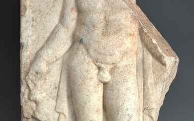 Ancient Roman Marble Erotic relief with a nude male figure holding a hare or rabbit. 54 cm H. Spanish Export License.