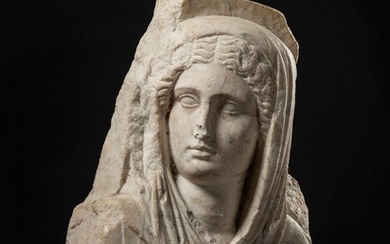 Ancient Roman Marble Sarcophagus Fragment with a Veiled Female Bust. 39 cms H With French Export License