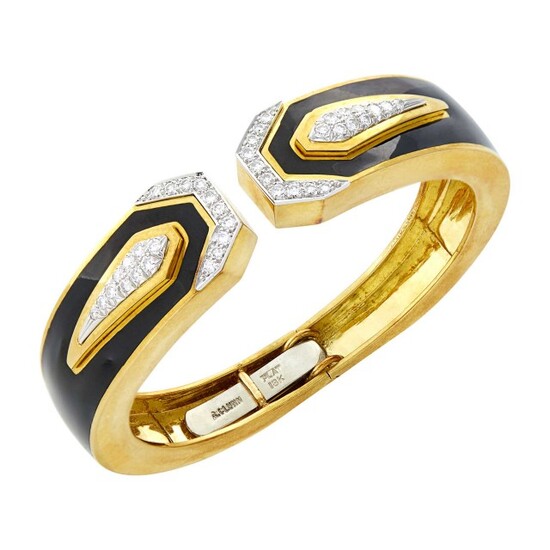Andrew Clunn Gold, Platinum, Black Enamel and Diamond Bangle Bracelet