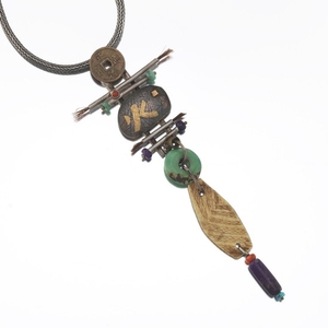 Anne Dankoff 24k and 22k Gold, Sterling Silver, Turquoise, Sugilite, Carnelian, Jade, Chinese Coin and Bone Pendant on Chain