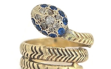Antique Art Nouveau Snake Diamond Simulated Sapphire Ring 14K Yellow Gold 9.82 G
