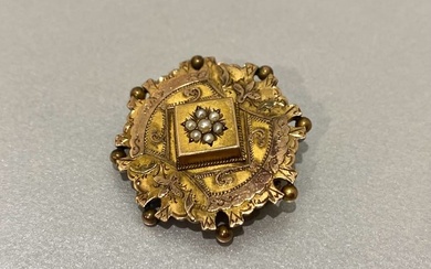 Antique Georgian Seed Pearl Mourning Brooch in 14k Yellow Gold