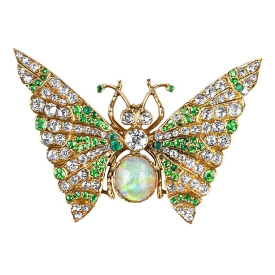 Antique Gold, Opal, Diamond and Demantoid Garnet Butterfly Brooch