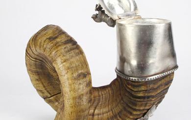 Antique Scottish Tobacco Horn with white metal fittings - Ovis aries - 22×17×17 cm