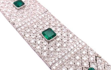 Art Deco 28.60 Ct. Diamond and Chatham Emerald Bracelet