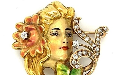 Art Nouveau 14K Yellow Gold Diamond Pin