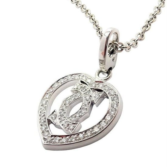 Authentic! Cartier Double C Heart 18k White Gold Diamond Pendant Necklace