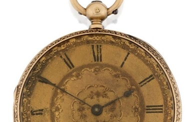 BR Hennessy. A 19th century 18ct open face pocket watch, London hallmark for 1869 the gilt foliate engraved dial with black Roman numerals, the key wind lever movement signed, BR Hennessy, Swansea Maker to the Admiralty and numbered 35274, pierced...