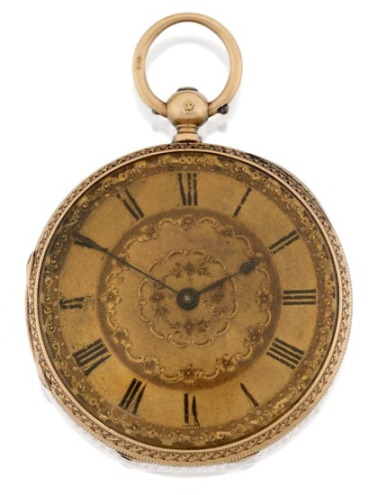 BR Hennessy. A 19th century 18ct open face pocket watch, London hallmark for 1869 the gilt foliate engraved dial with black Roman numerals, the key wind lever movement signed, BR Hennessy, Swansea Maker to the Admiralty and numbered 35274, pierced...