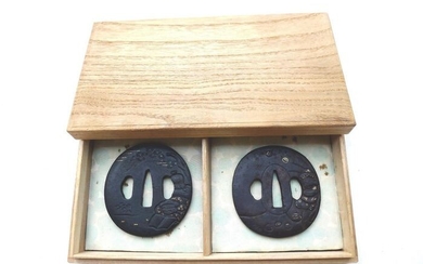 Beautiful ebishu god motif daisho tsuba set with box - Iron - Japan - Late Edo period
