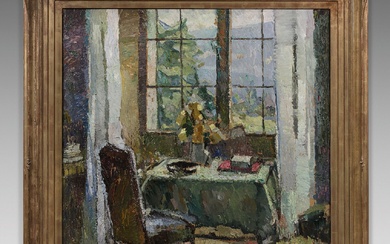 Bessie Ellen DAVIDSON (1879-1965) Fenêtre à Villeneuve Huile sur carton, signée en bas à gauche...