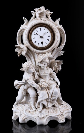 (-), Biscuit porcelain mantel clock with decor of...