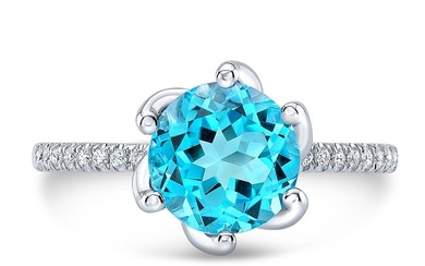 Blue Topaz Round Ring With Curved Prong Basket And Diamond Pave Shank In 14k White Gold (8mm)