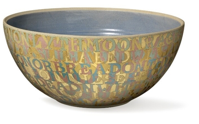 Bo Kristiansen: A large stoneware bowl, exterior with incised letters in relief. Unsigned. Unique. H. 22 cm. Diam. 49 cm.