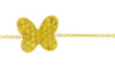 Bracelet or 750 à maille forçat retenant un papillon pavé de diamants jaunes taille brillant, long. 19 cm