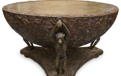 Bronzed Metal And Carved Wood Monkey Table