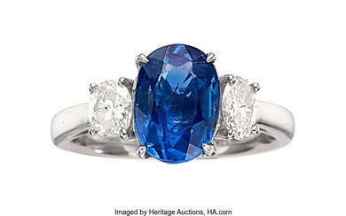Burma Sapphire, Diamond, Platinum Ring Stones: Oval-shaped sapphire weighing...