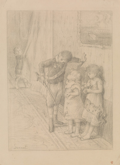 CHARLES-EMMANUEL SERRET (Aubenas 1824-1900 Paris) Three pencil drawings. Three Children Reading by a...
