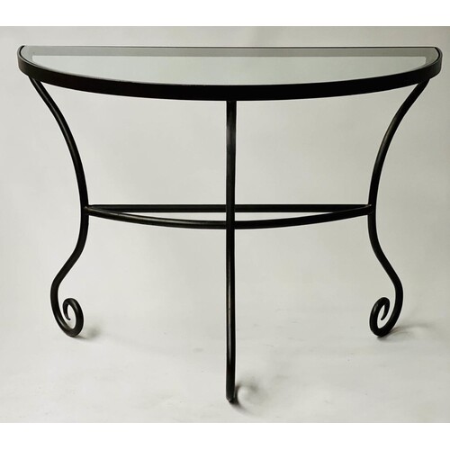 CONSOLE TABLE, Spanish style, semi circular glass, on wrough...
