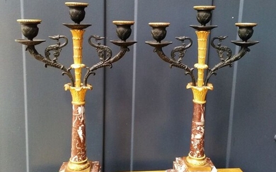 Candelabra (2) - Charles X style - Bronze (gilt), Bronze (patinated), Marble - CA 1900