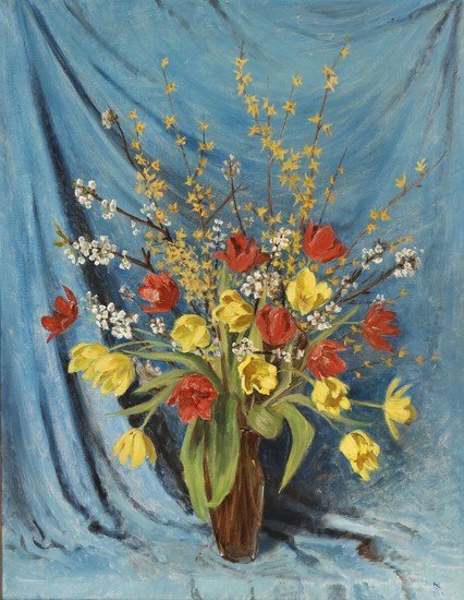 Carl Leopold Nielsen: Still life with yellow and red flowers in a glass vase. Signed with monogram and dated 1944. Oil on canvas. 121×95 cm.