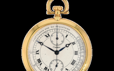 Cartier, Art Deco Doctor’s pocket watch, single-button chronograph, minute counter, pulsometer scale; yellow gold (18-carat), (c.)1925