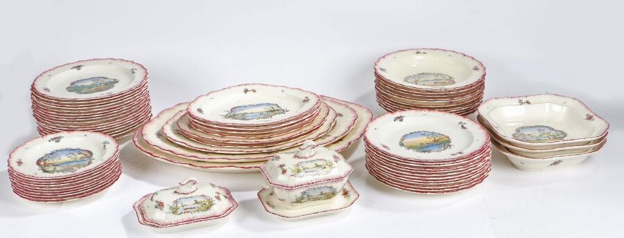 Cauldron pottery dinner service, each piece with countryside and seascape scenes with a ribbed