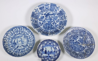 China, four various blue and white porcelain plates, Kangxi period (1662-1722) and later