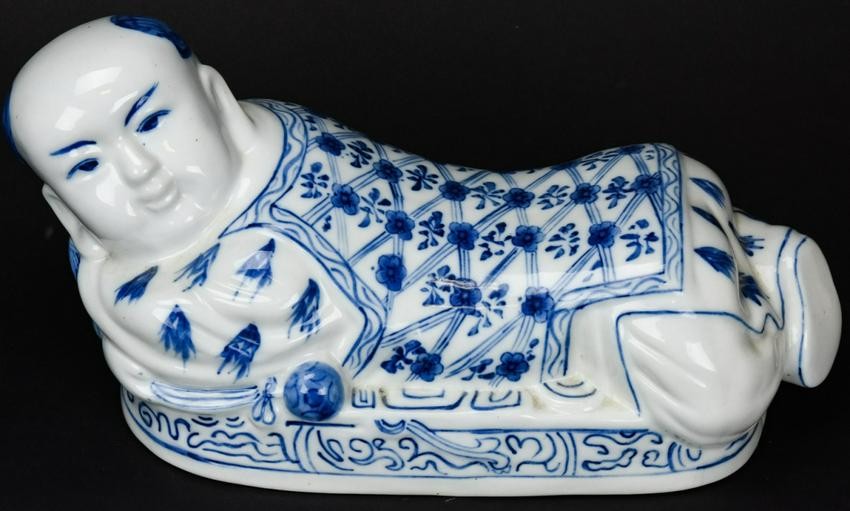 Chinese Blue & White Porcelain Figural Boy Pillow