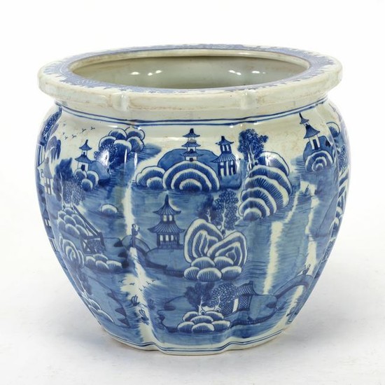 Chinese Blue and White Porcelain Fluted Planter.