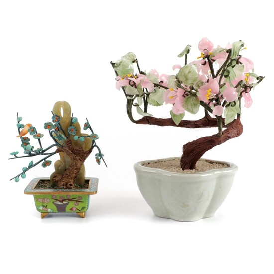 Chinese Dyed Glass and Carved Turquoise, Agate, and Serpentine Bonsai Trees