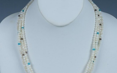 Classy Four Strand Mother of Pearl & Turquoise Bead Necklace