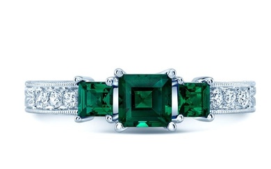 Created Emerald And Diamond 3 Stone Filigree Ring In 14k White Gold