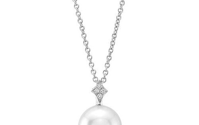 Cultured Akoya Pearl 7.5-8.0 Mm And Diamond Pendant With Pave Bail In 14k White Gold 18 Inch Curb