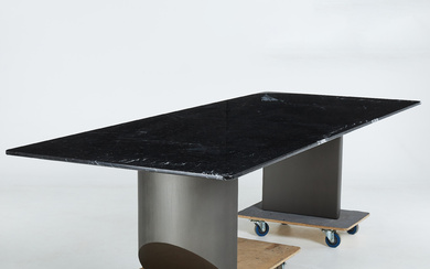 DINING TABLE. “Wedge Dining Table, for Minotti, designed by nendo, contemporary, steel underframe, marble table tops.
