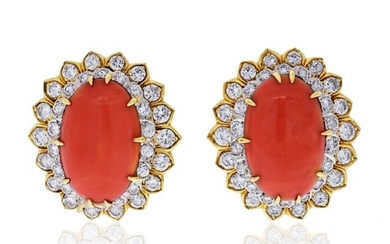 David Webb Platinum & 18K Yellow Gold Oval Coral And Round Cut Diamond Earrings