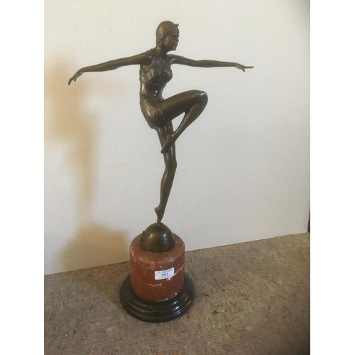 Deco style bronze lady figure on marble base 55 cms tall