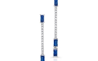 Diamond 1/6ctw & Blue Sapphire 2x4mm Long Earrings In 14k White Gold
