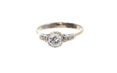 Diamond single stone ring with a round brilliant cut diamond estimated to weigh approximately 0.50cts, with diamond set shoulders on 18ct white gold shank.