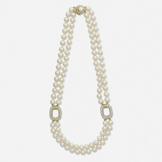 Double strand cultured pearl and diamond necklace