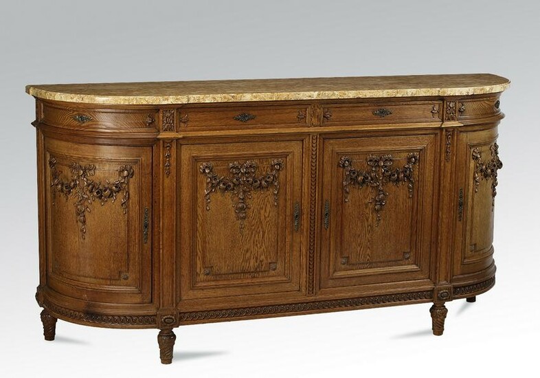 Early 20th c. French carved oak marble top buffet
