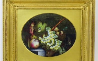 Early 20th century, Oil on porcelain, A still life study with peach, pineapple, grapes, vine leaves