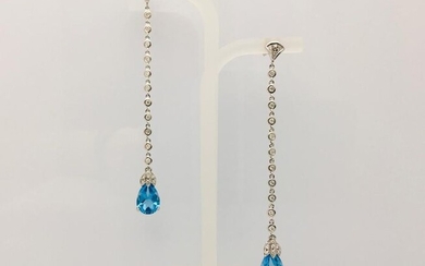 Earrings - pendants in white gold, diamonds and blue topazes - 2.00 ct Topaz - Diamonds