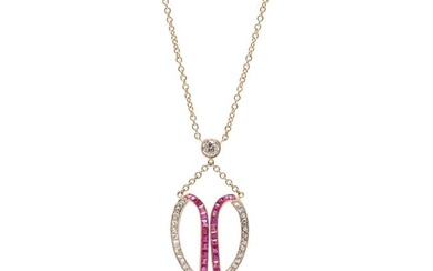 Edwardian 18kt / Platinum Diamond, Calibrated Ruby + Natural Pearl Necklace