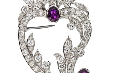 Edwardian Platinum with Two Rubies & Old Cut Diamonds Brooch