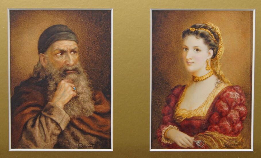 Emily Barnard, British fl. 1881-1911- Pair of portraits - Shylock and Jessica from Shakespeare's 'Merchant of Venice'; watercolour on paper, signed, 14 x 10.5 cm (ea.) (2).
