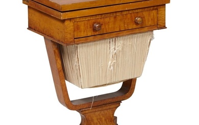 English Regency Burled and Birds Eye Satinwood Worktable, early 19th c., fold over top reveals game