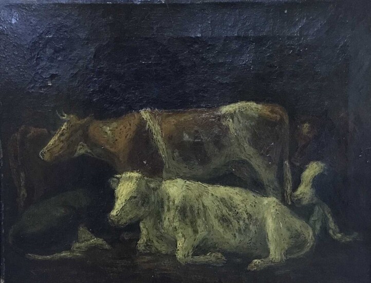 English School, late 19th / early 20th century, oil on canvas - Cows in an interior, indistinctly inscribed in pencil to stretcher. 27 x 34cm, gilt frame